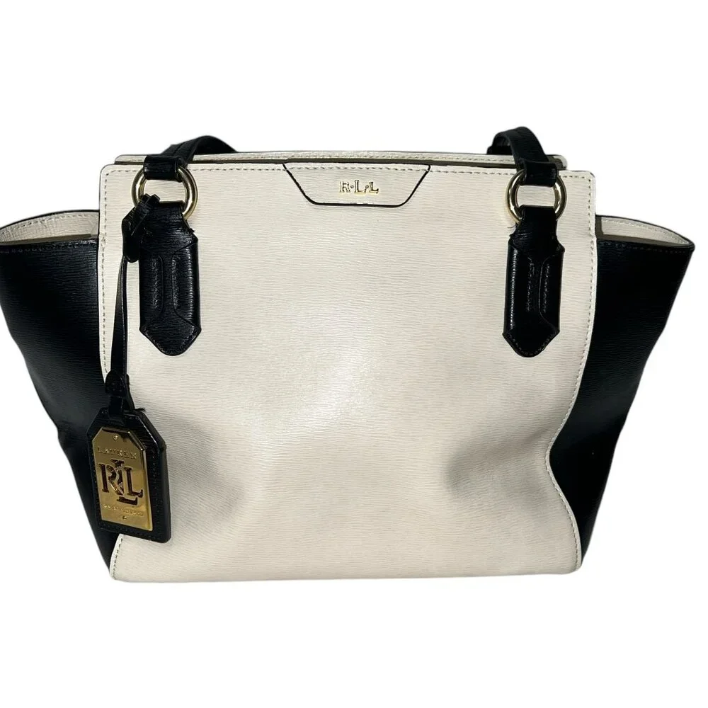 LRL Lauren Ralph Lauren Black and Ivory Handbag Purse Tote - Picture 1 of 8